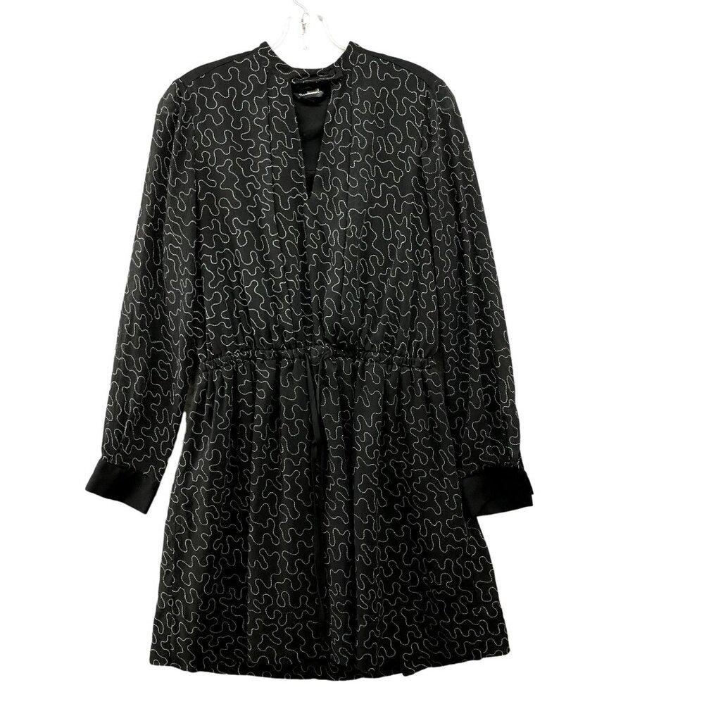 Club Monaco Long Sleeve Dress Size 6 Black Printed Black White A Line Split Neck